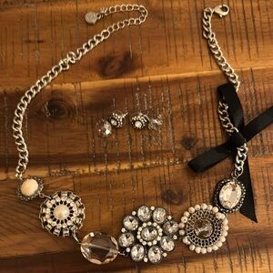 Elegant Silver and Black Statement Necklace and Earring Set